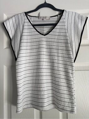 LOFT White V-Neck Striped Blouse